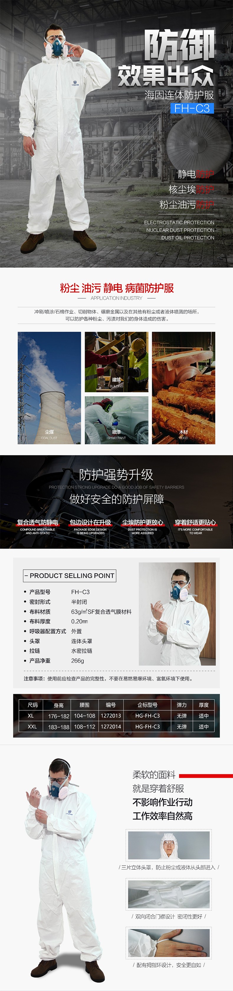 海固FH-C3優(yōu)越連體防護(hù)服 連體防粉塵、油污、靜電、病菌防護(hù)服圖片1