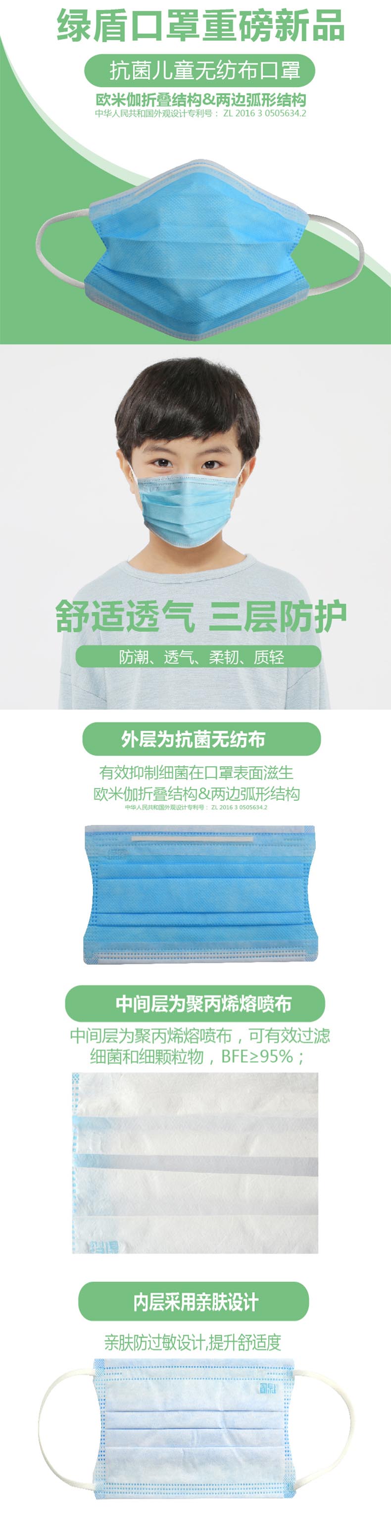 綠盾1007平面無(wú)紡布兒童口罩圖片
