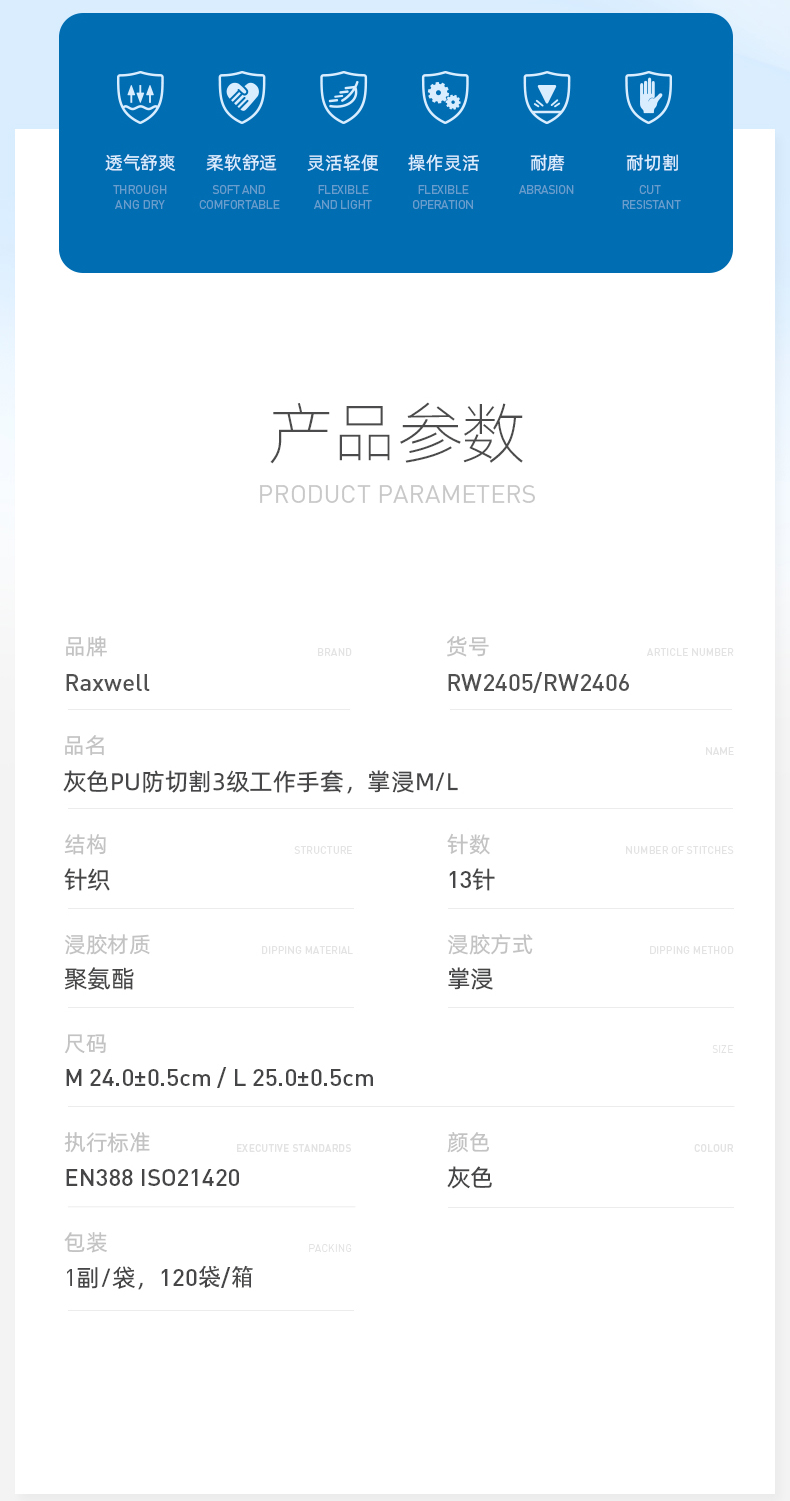瑞氪維爾RW2406PU涂層3級(jí)防割手套圖片2