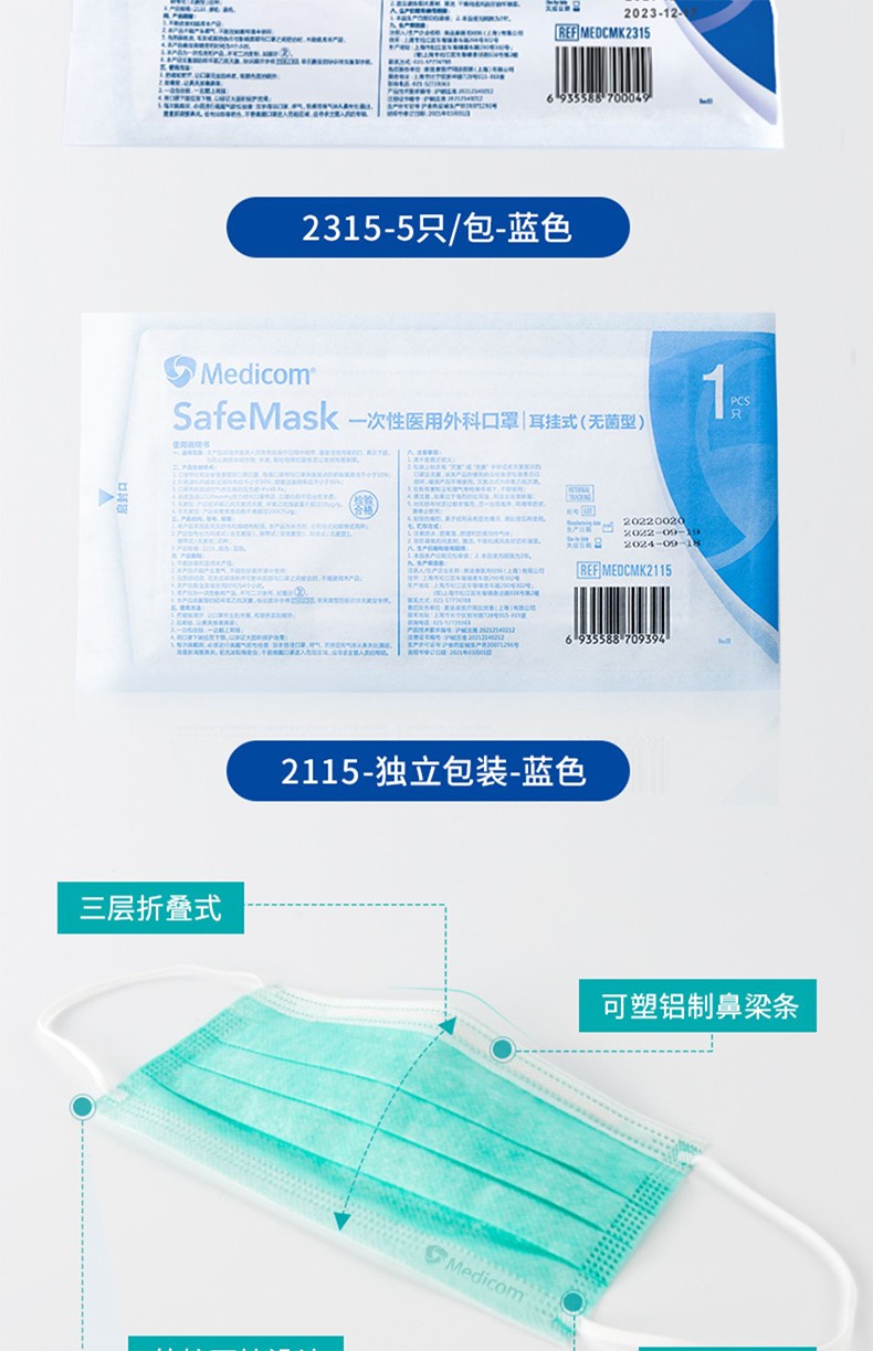 麥迪康2385無(wú)菌藍(lán)色一次性醫(yī)用外科口罩圖片6