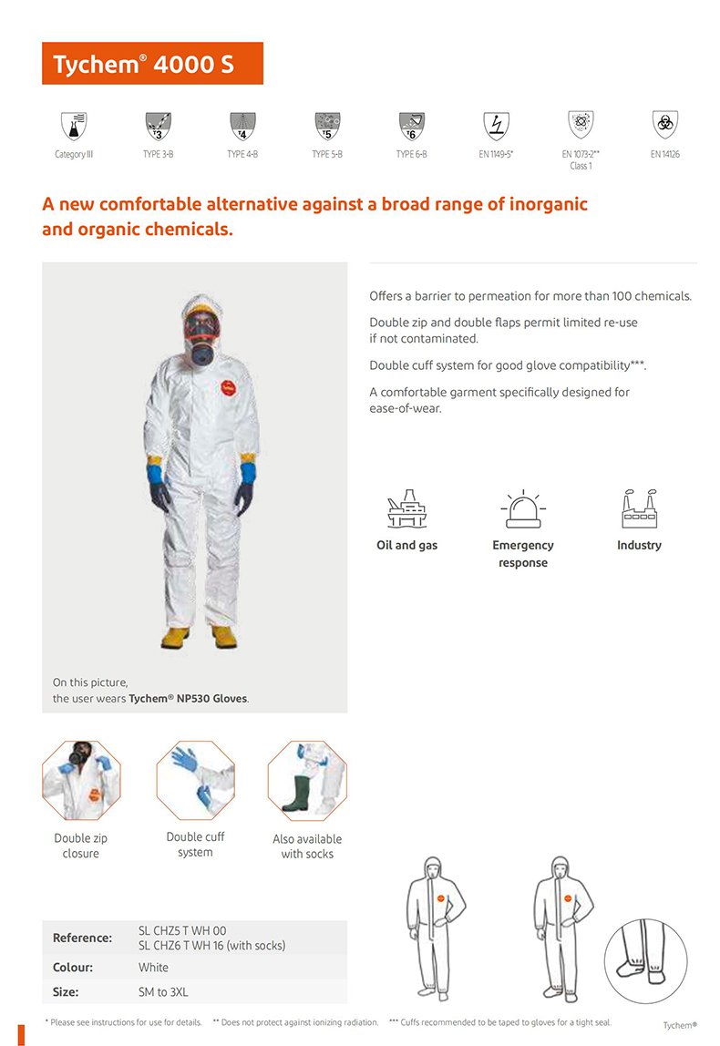 杜邦Tychem4000S帶帽連體防護(hù)服C級(jí)防化服SLCHZ5TWH00圖片1