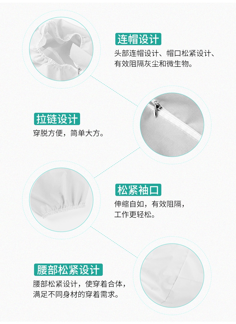 一次性醫(yī)用隔離衣帶帽設(shè)計(jì)，整個(gè)防護(hù)性能優(yōu)異