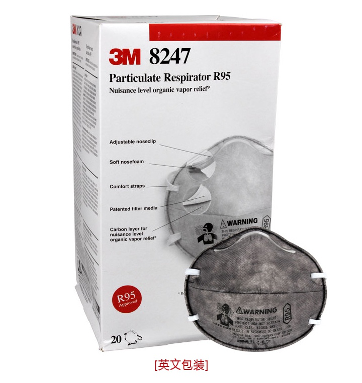 3M8247R95有機(jī)蒸氣異味及顆粒物防護(hù)口罩英文包裝盒圖